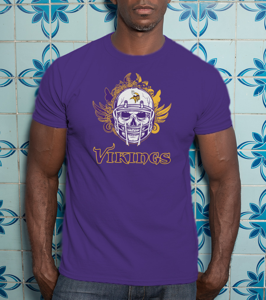 Vikings Skull Helmet With Purple And Yellow Wings T-Shirt
