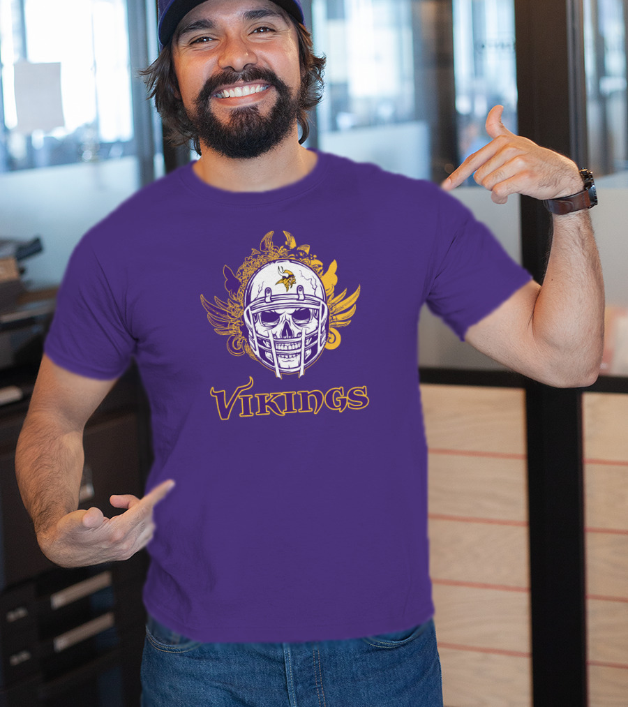 Vikings Skull Helmet With Purple And Yellow Wings T-Shirt