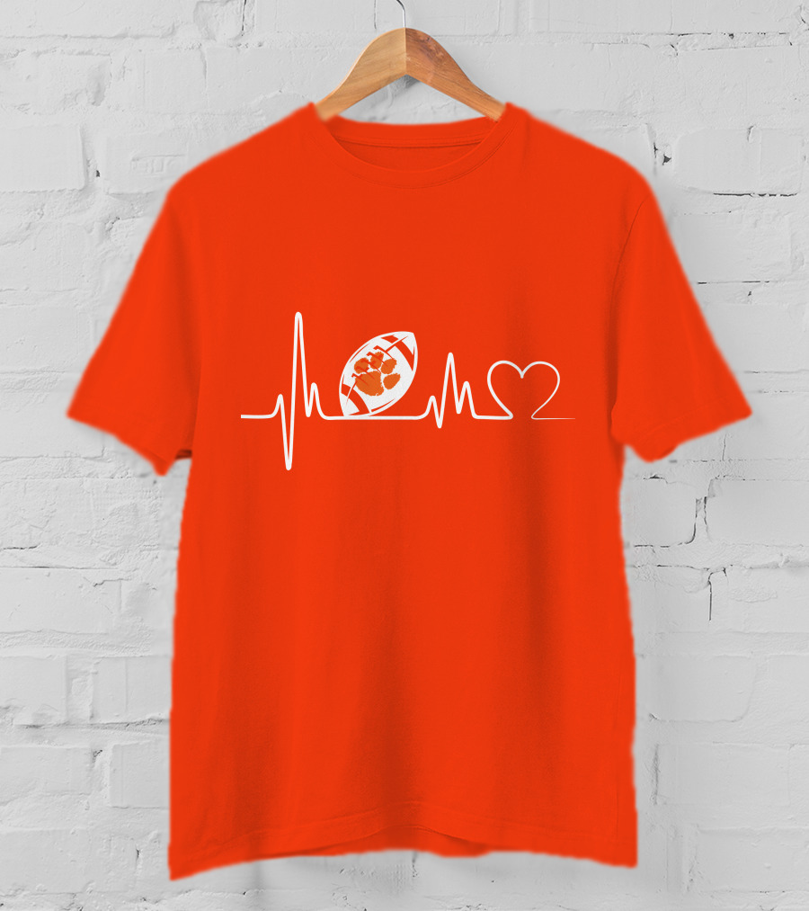 Clemson Tigers Heartbeat Football Paw Prints T-Shirt