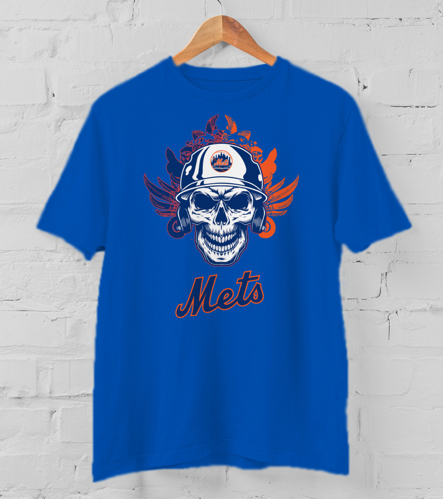 New York Mets Skull Helmet Logo With Wings T-Shirt