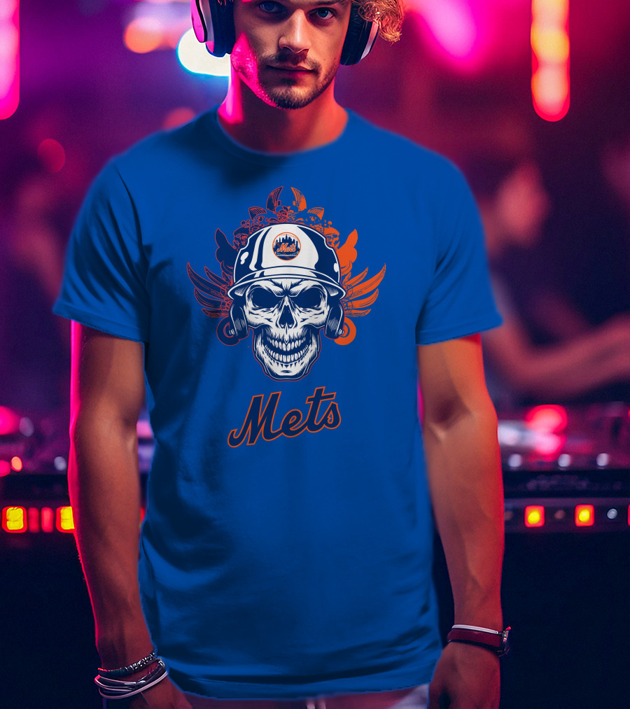 New York Mets Skull Helmet Logo With Wings T-Shirt