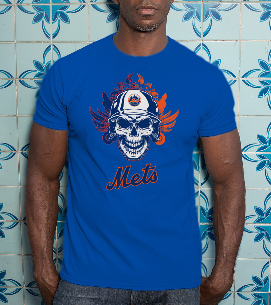 New York Mets Skull Helmet Logo With Wings T-Shirt