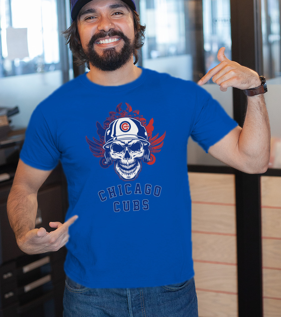Chicago Cubs Skull Logo With Helmet And Wings T-Shirt