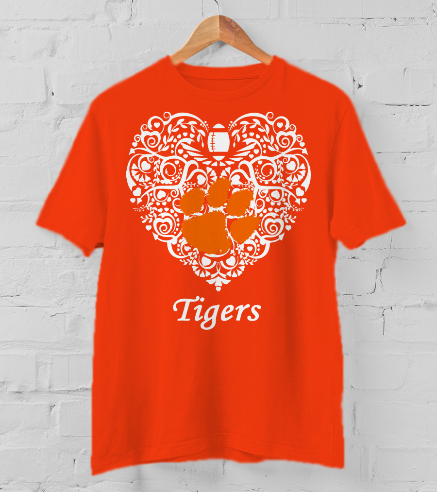 Heart-Shaped Design With Clemson Tigers Paw And Football Elements T-Shirt