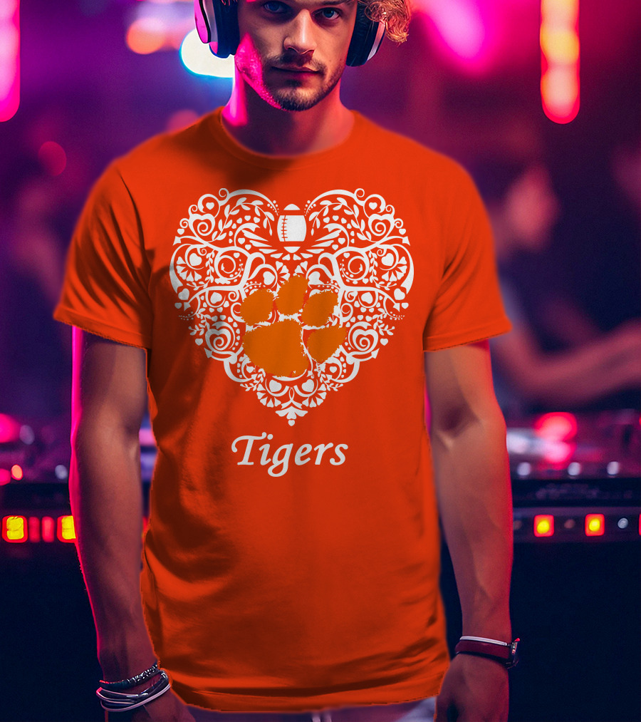 Heart-Shaped Design With Clemson Tigers Paw And Football Elements T-Shirt