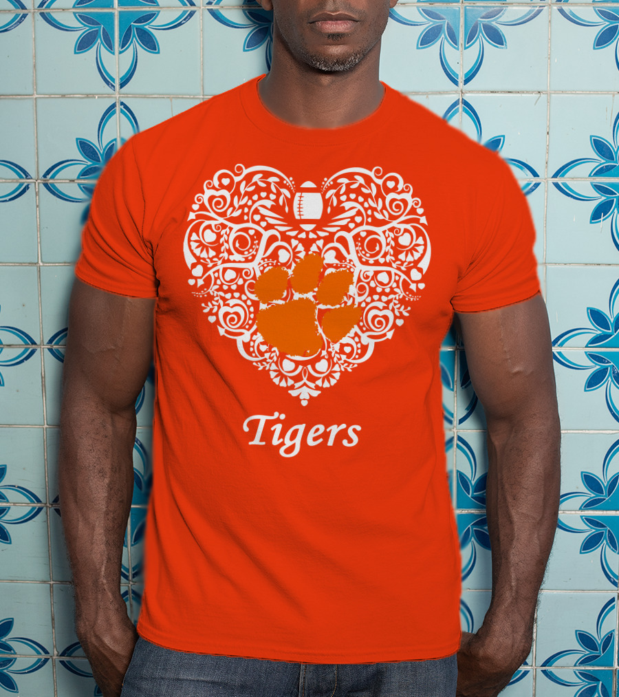 Heart-Shaped Design With Clemson Tigers Paw And Football Elements T-Shirt
