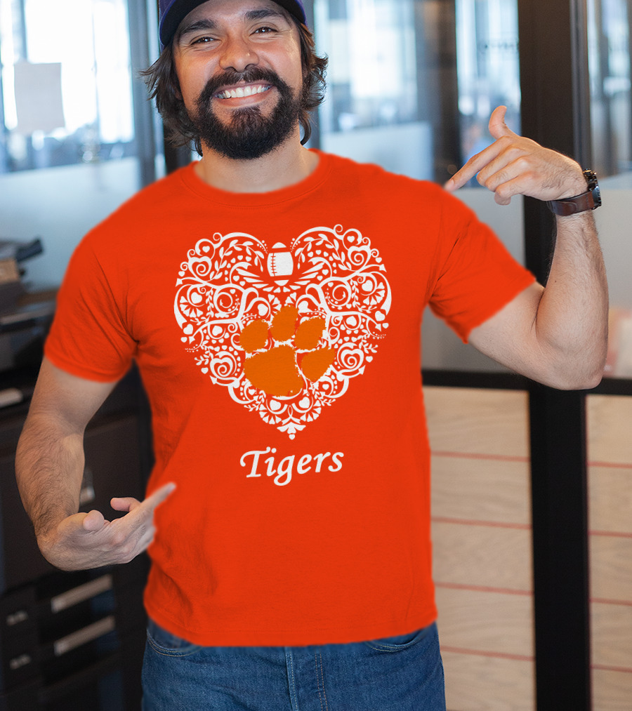 Heart-Shaped Design With Clemson Tigers Paw And Football Elements T-Shirt