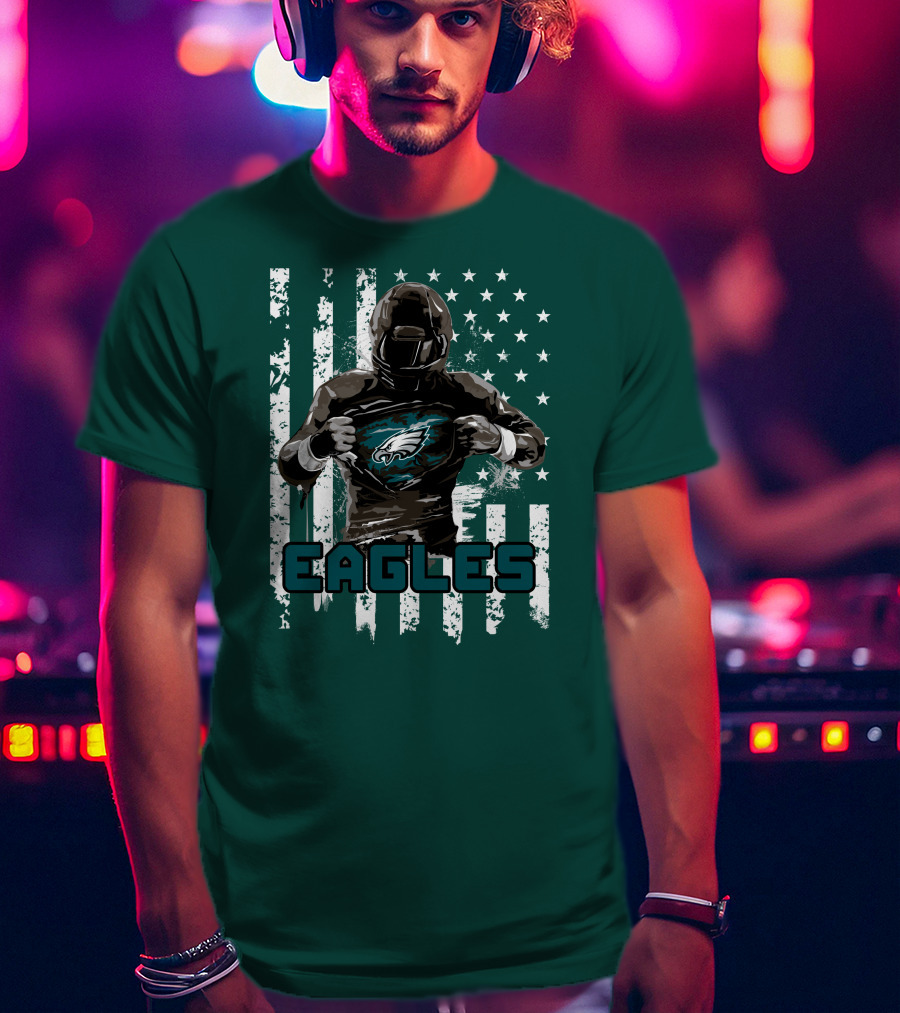 Philadelphia Eagles Football Hero With American Flag Background T-Shirt