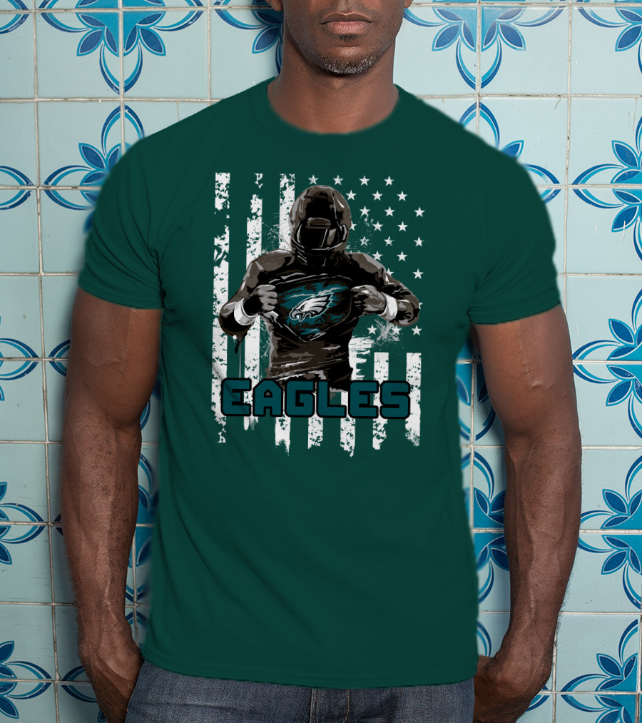 Philadelphia Eagles Football Hero With American Flag Background T-Shirt