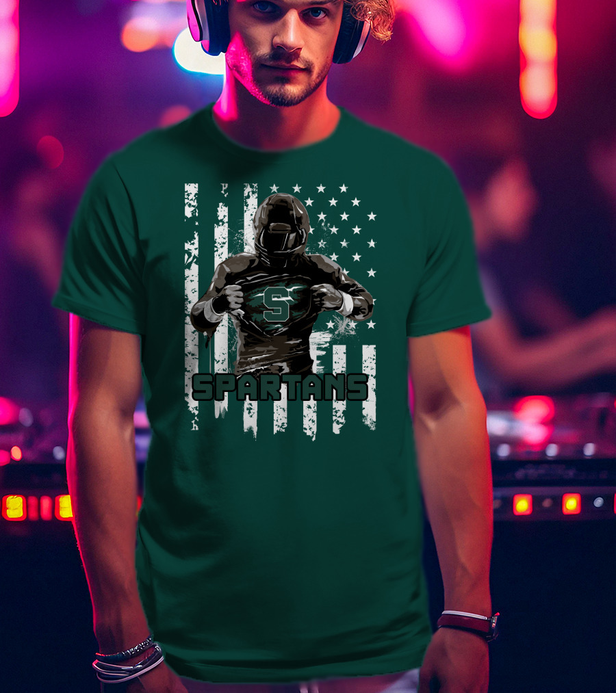 Spartans Player With S Emblem And American Flag Background T-Shirt