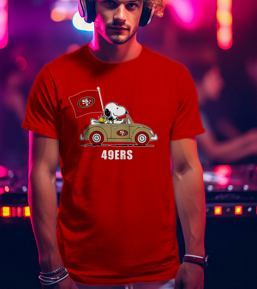 San Francisco 49ers Snoopy Driving Car With Sf Flag T-Shirt
