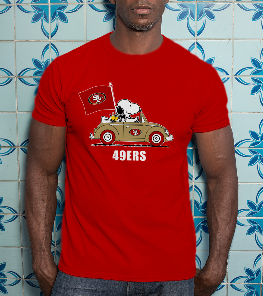 San Francisco 49ers Snoopy Driving Car With Sf Flag T-Shirt