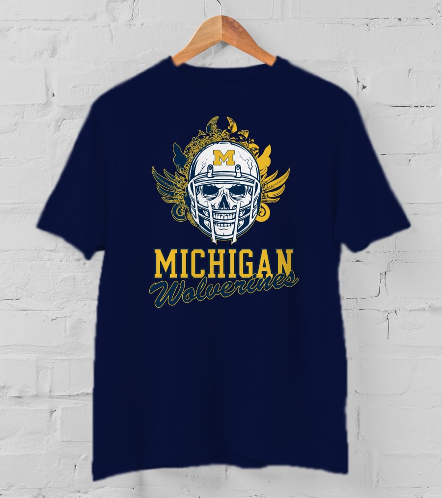 Michigan Wolverines Skull Helmet With Floral Wings T-Shirt