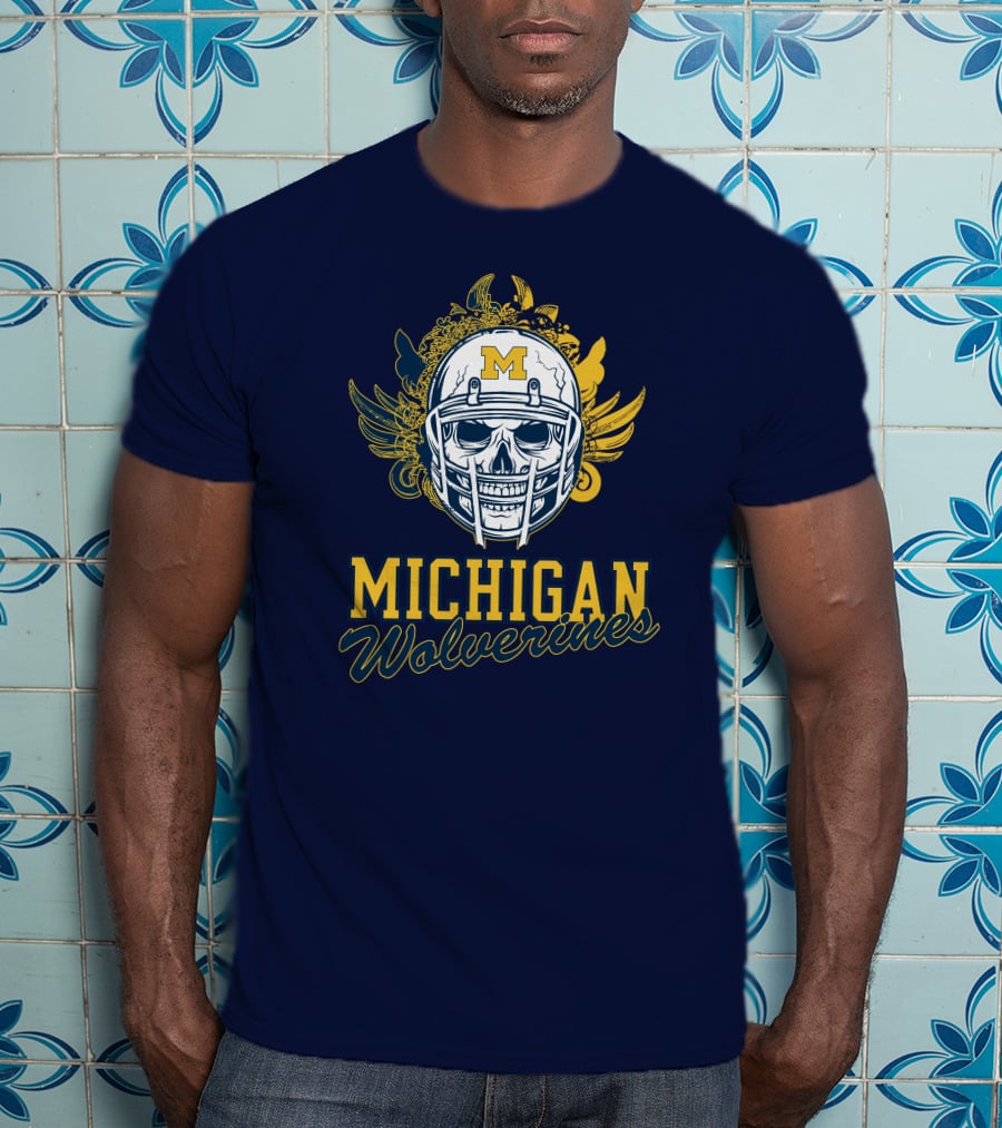 Michigan Wolverines Skull Helmet With Floral Wings T-Shirt