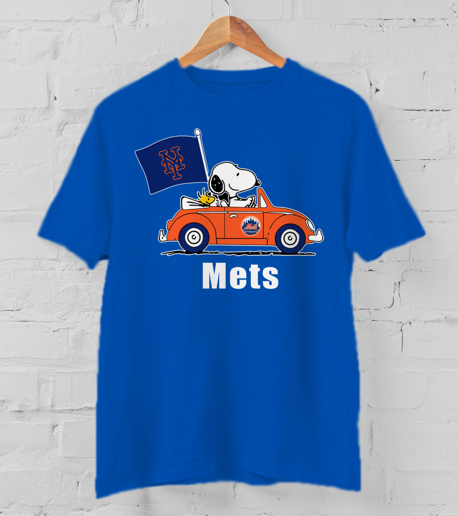 Mets Snoopy Driving With Woodstock And Flag T-Shirt