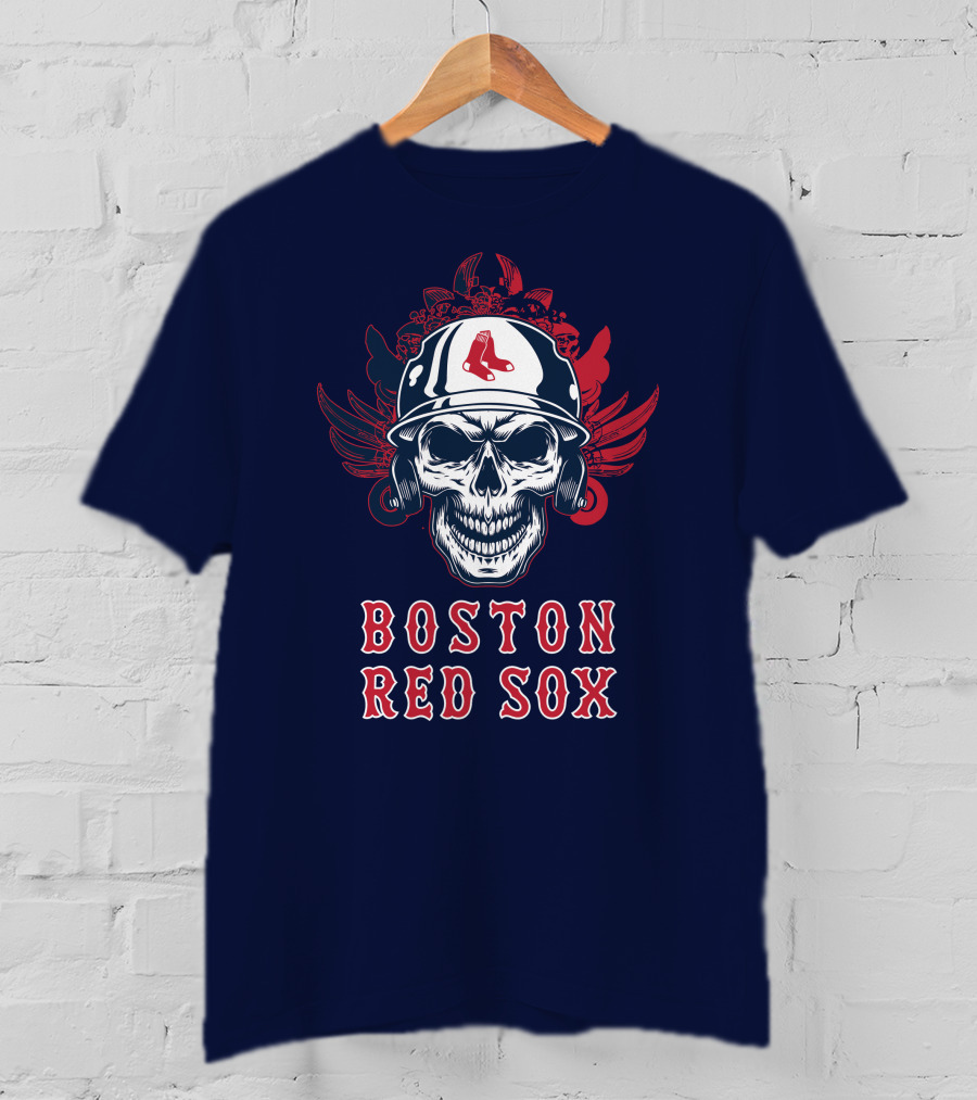 Boston Red Sox Skull With Baseball Helmet And Wings T-Shirt