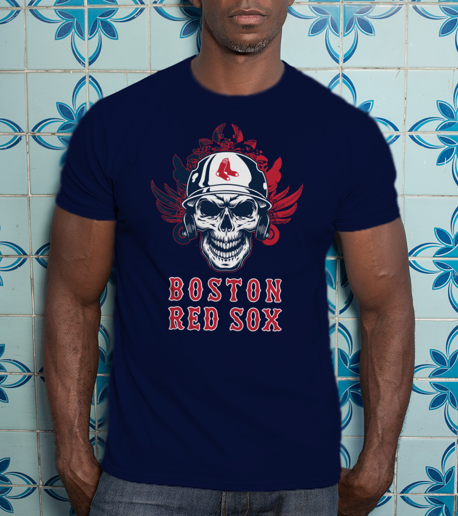 Boston Red Sox Skull With Baseball Helmet And Wings T-Shirt