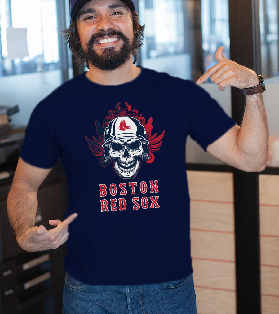 Boston Red Sox Skull With Baseball Helmet And Wings T-Shirt