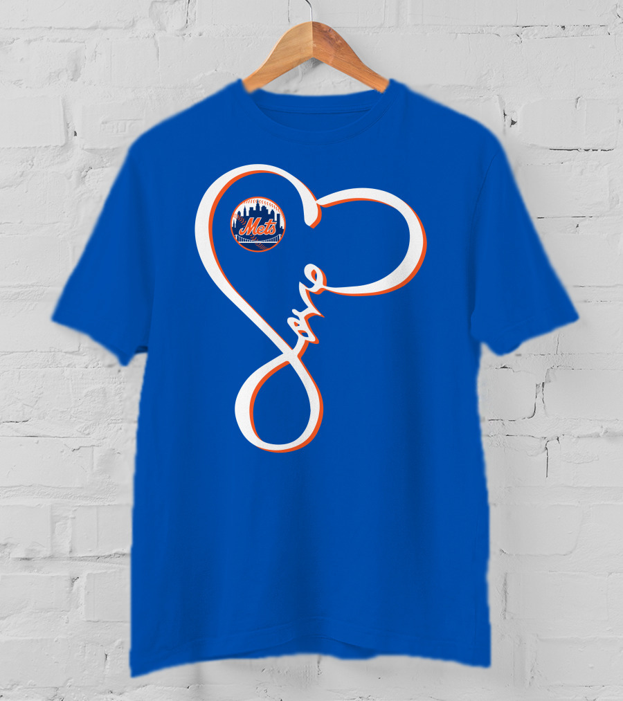 New York Mets Love Script With Heart Outline T-Shirt