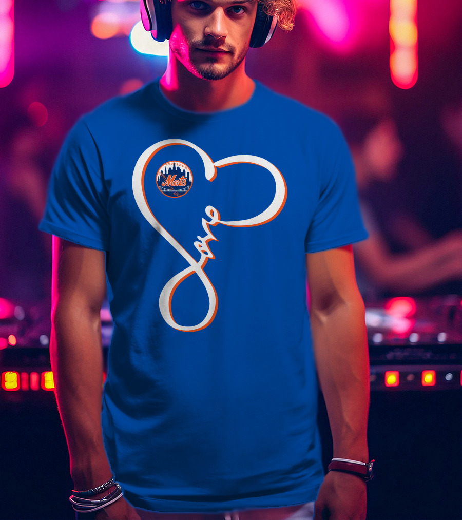 New York Mets Love Script With Heart Outline T-Shirt