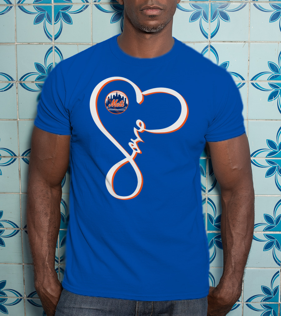 New York Mets Love Script With Heart Outline T-Shirt