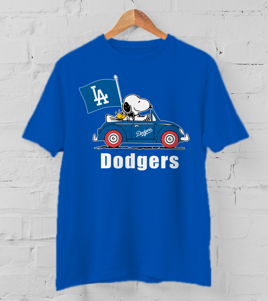 Dodgers Snoopy Woodstock Driving Car LA Flag T-Shirt
