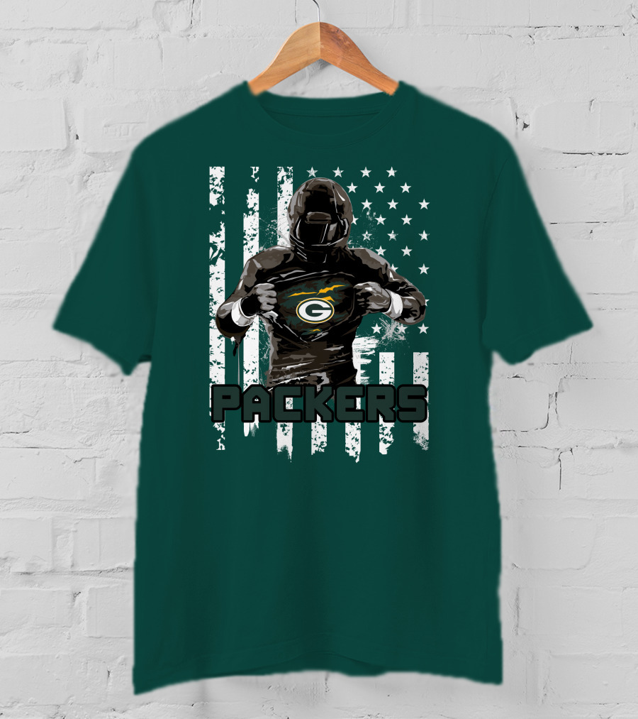 Packers Player With Flag Background And Green Bay T-Shirt