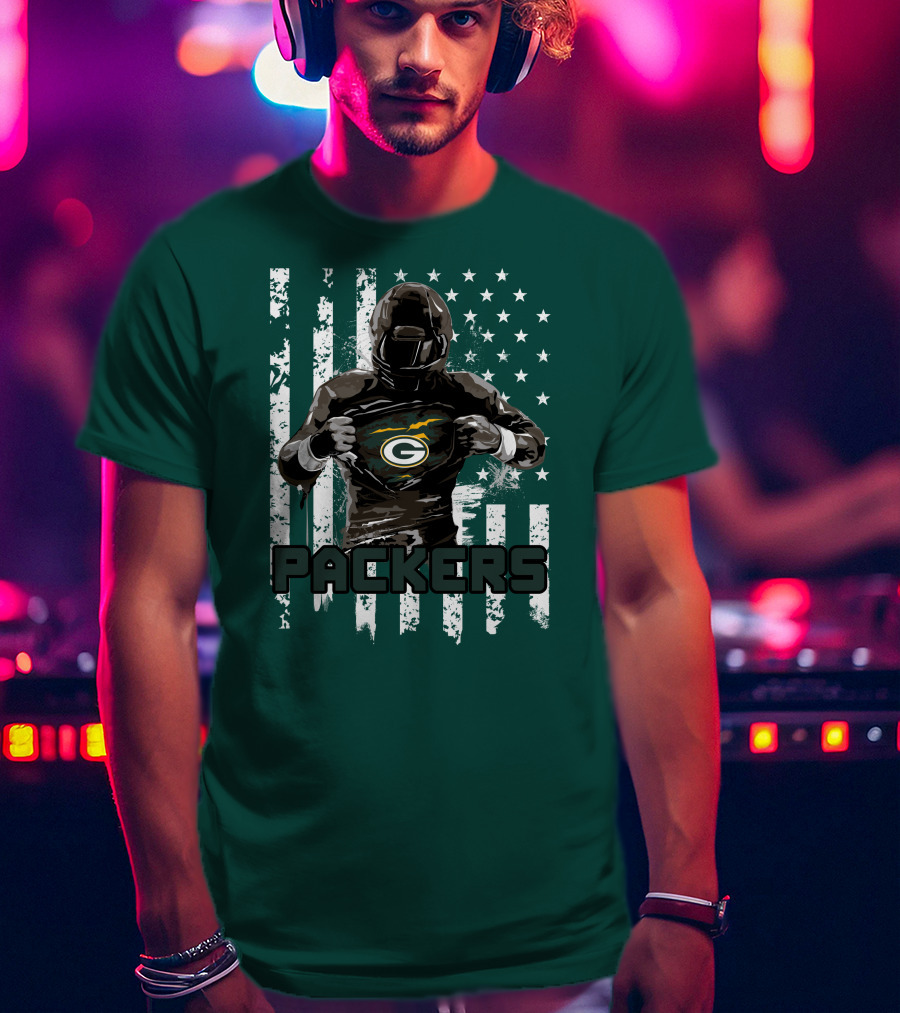 Packers Player With Flag Background And Green Bay T-Shirt