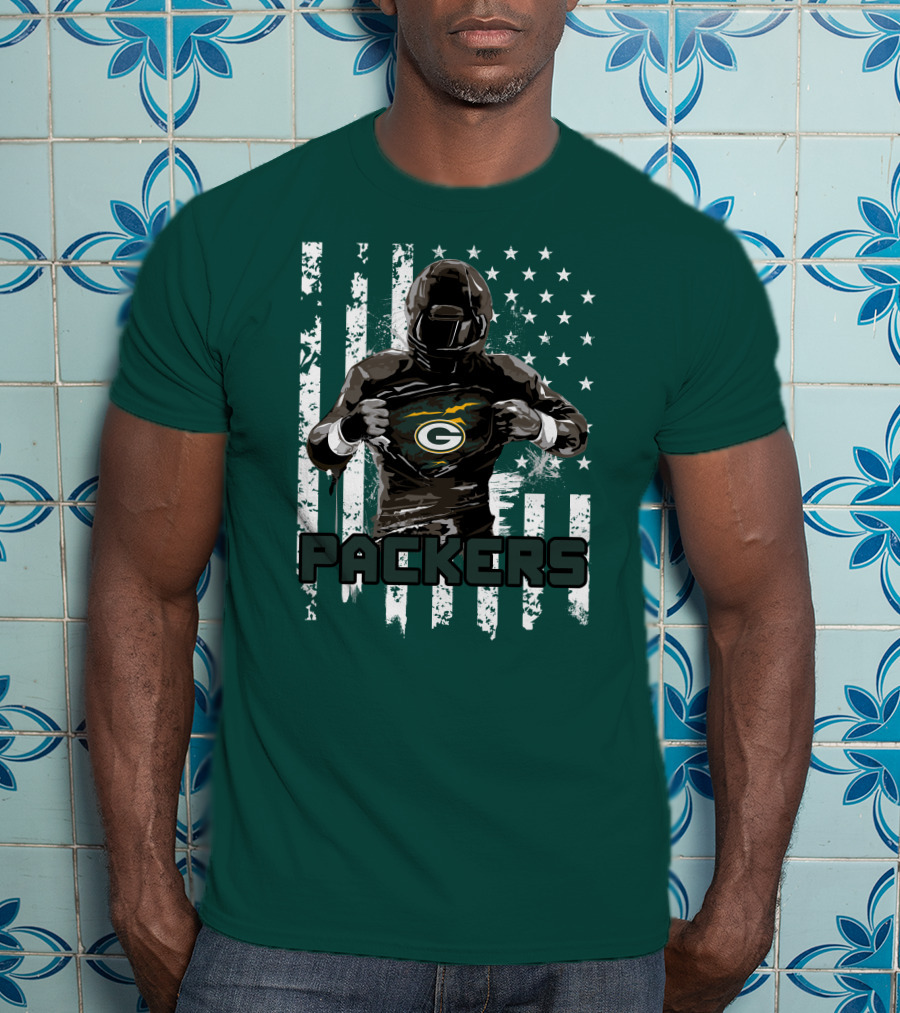 Packers Player With Flag Background And Green Bay T-Shirt