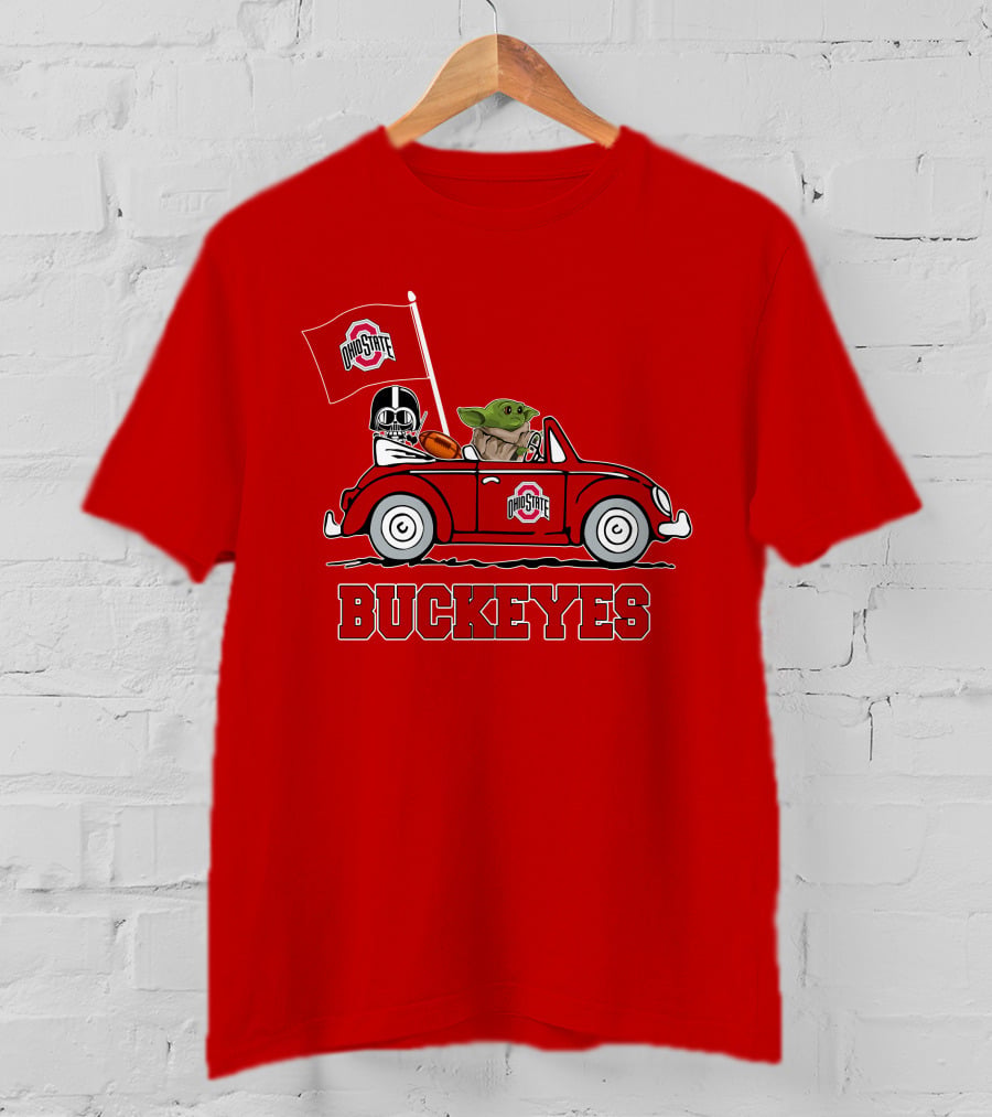 Ohio State Buckeyes Darth Vader Baby Yoda Driving Star Wars Car With Flag T-Shirt