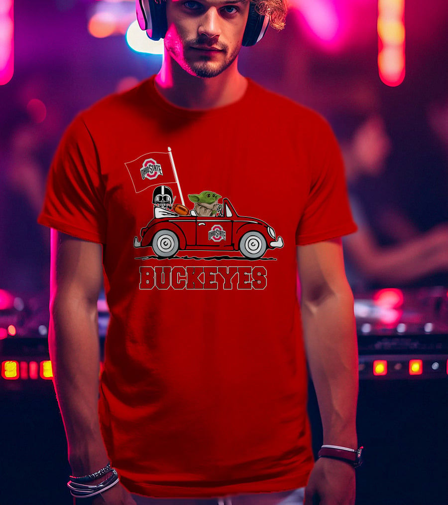 Ohio State Buckeyes Darth Vader Baby Yoda Driving Star Wars Car With Flag T-Shirt