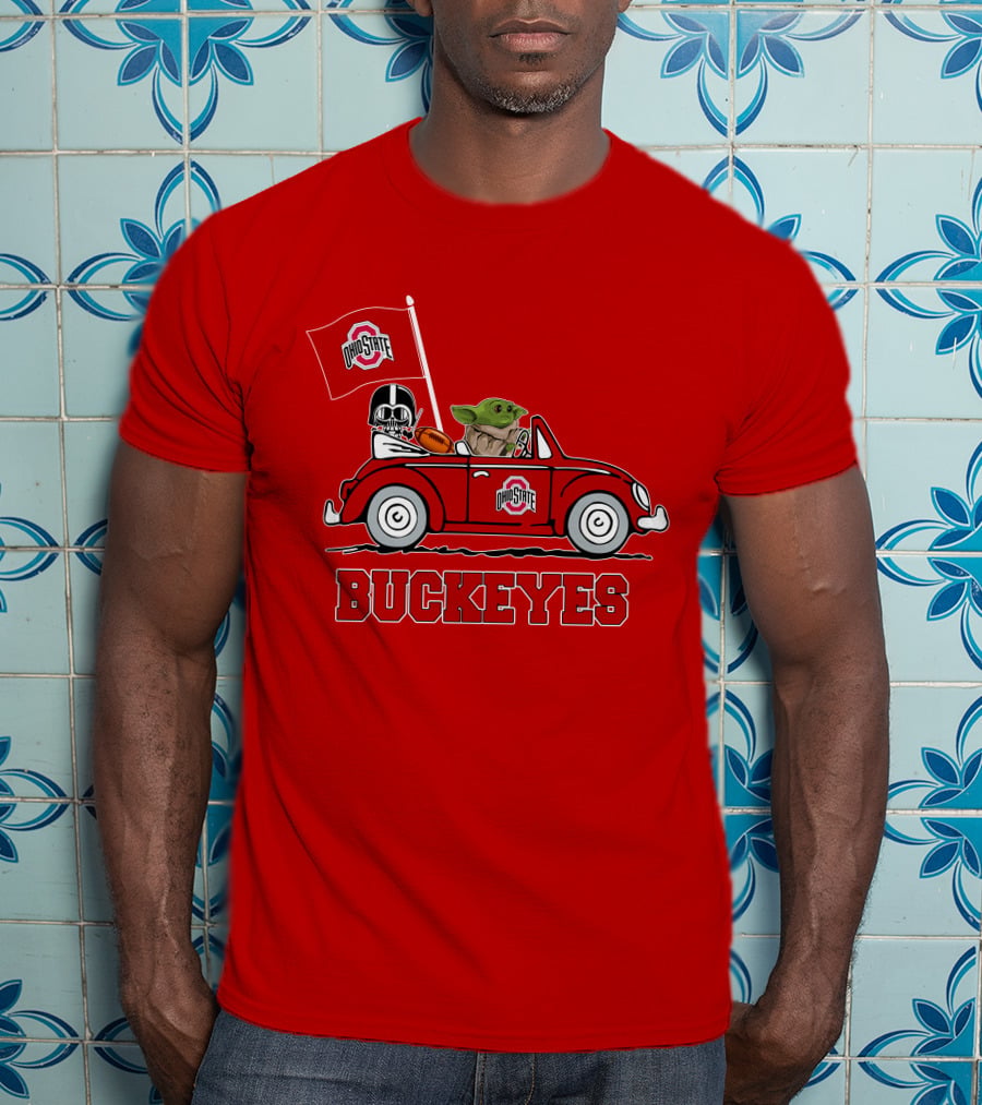 Ohio State Buckeyes Darth Vader Baby Yoda Driving Star Wars Car With Flag T-Shirt