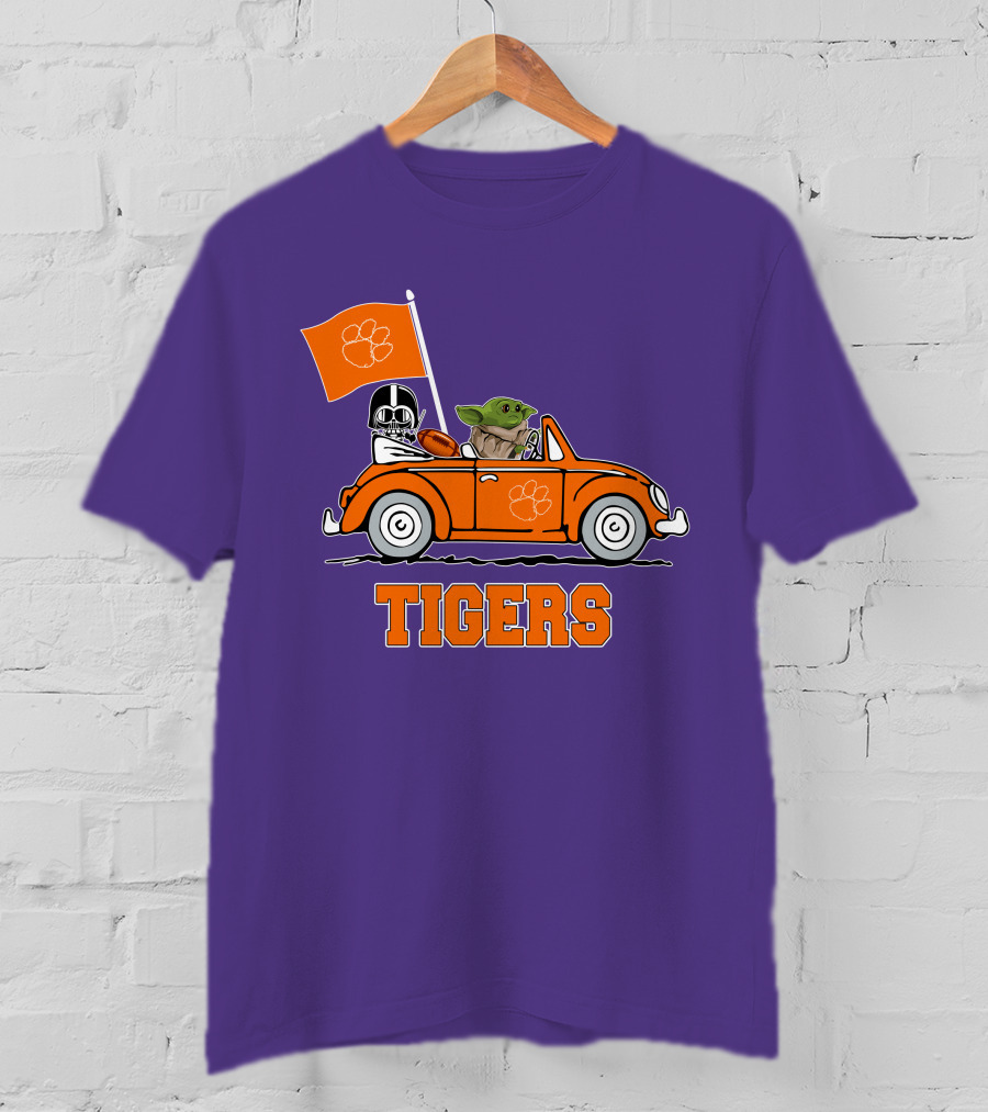 Clemson Tigers Darth Vader Baby Yoda Driving Star Wars Football Car T-Shirt