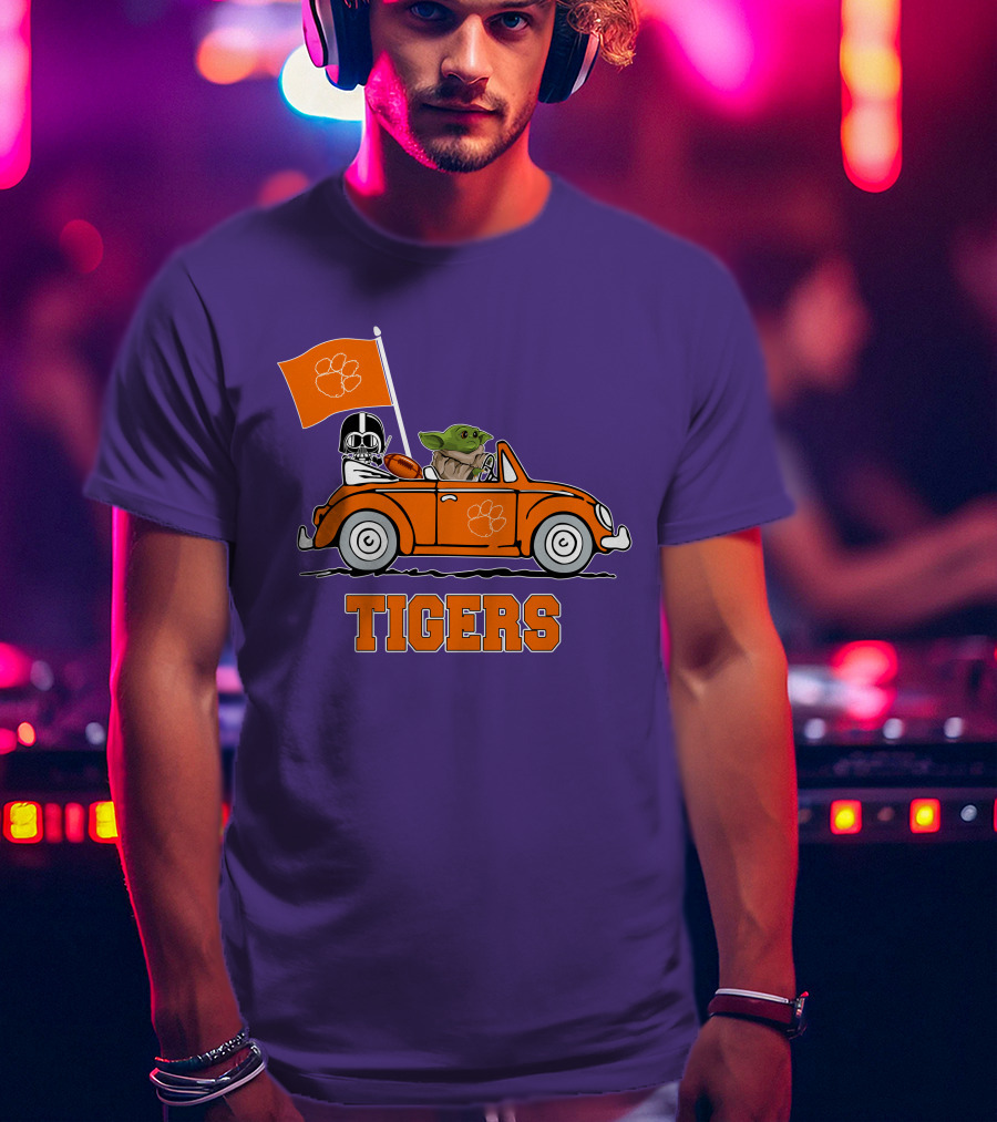 Clemson Tigers Darth Vader Baby Yoda Driving Star Wars Football Car T-Shirt