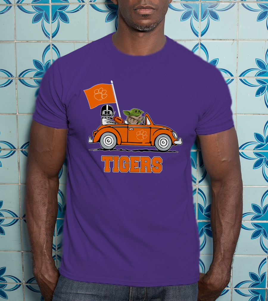 Clemson Tigers Darth Vader Baby Yoda Driving Star Wars Football Car T-Shirt