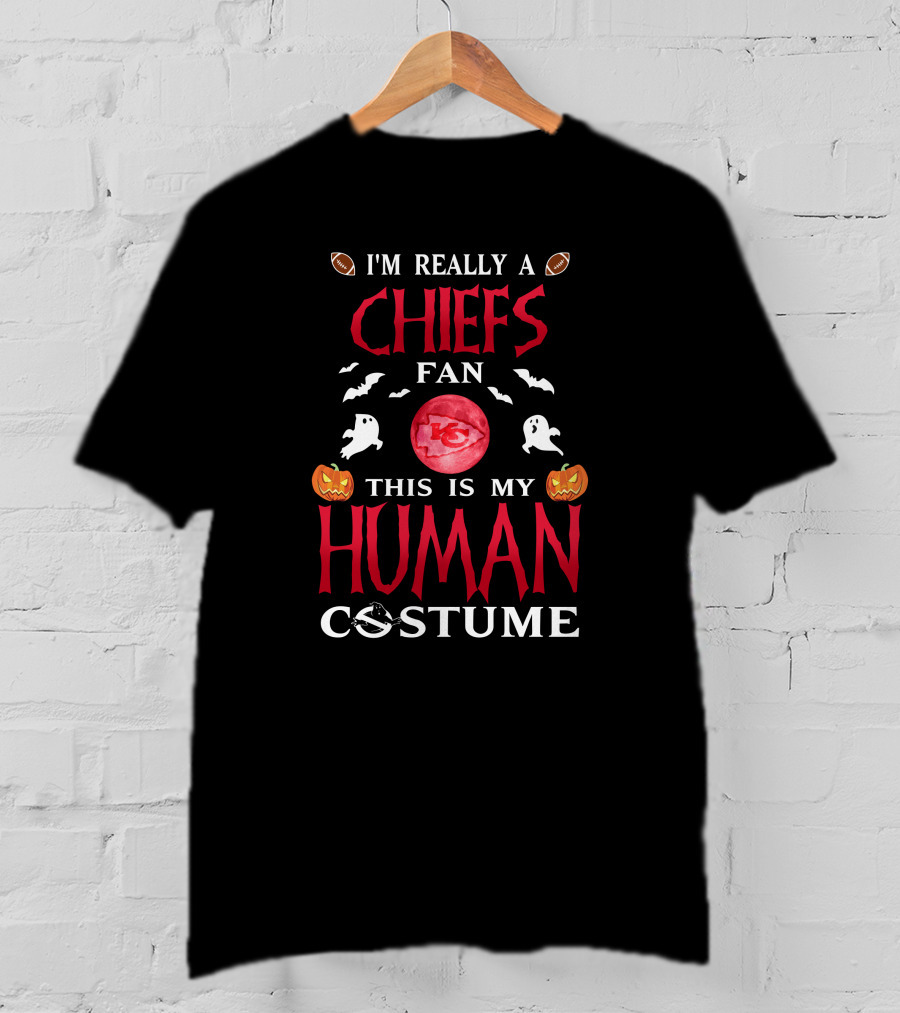 I'm Really A Chiefs Fan This Is My Human Costume Halloween Ghosts Pumpkins Footballs T-Shirt