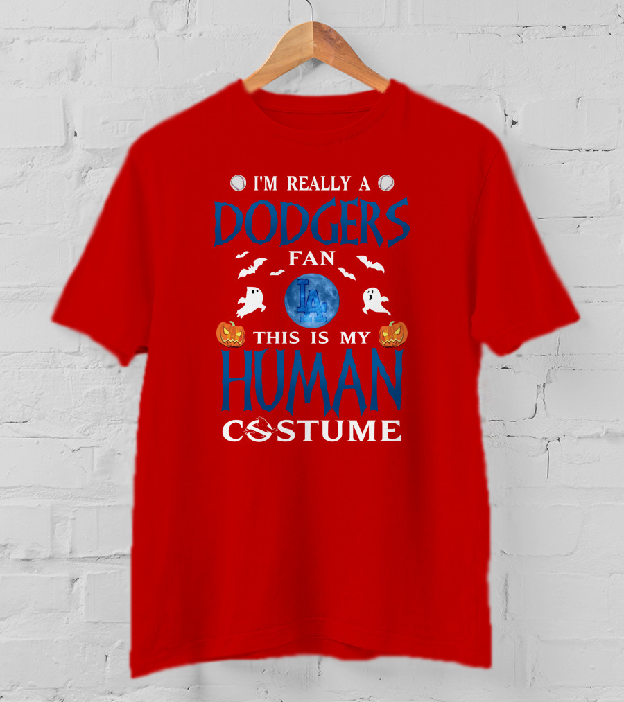 Los Angeles Dodgers Fan Halloween Human Costume Theme With Ghosts And Pumpkins T-Shirt