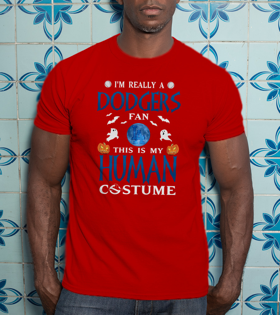 Los Angeles Dodgers Fan Halloween Human Costume Theme With Ghosts And Pumpkins T-Shirt