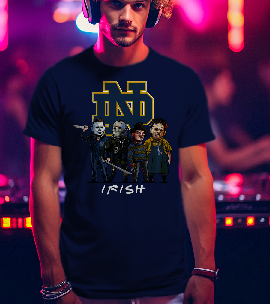 Notre Dame Fighting Irish Halloween With Famous Horror Slasher Characters T-Shirt