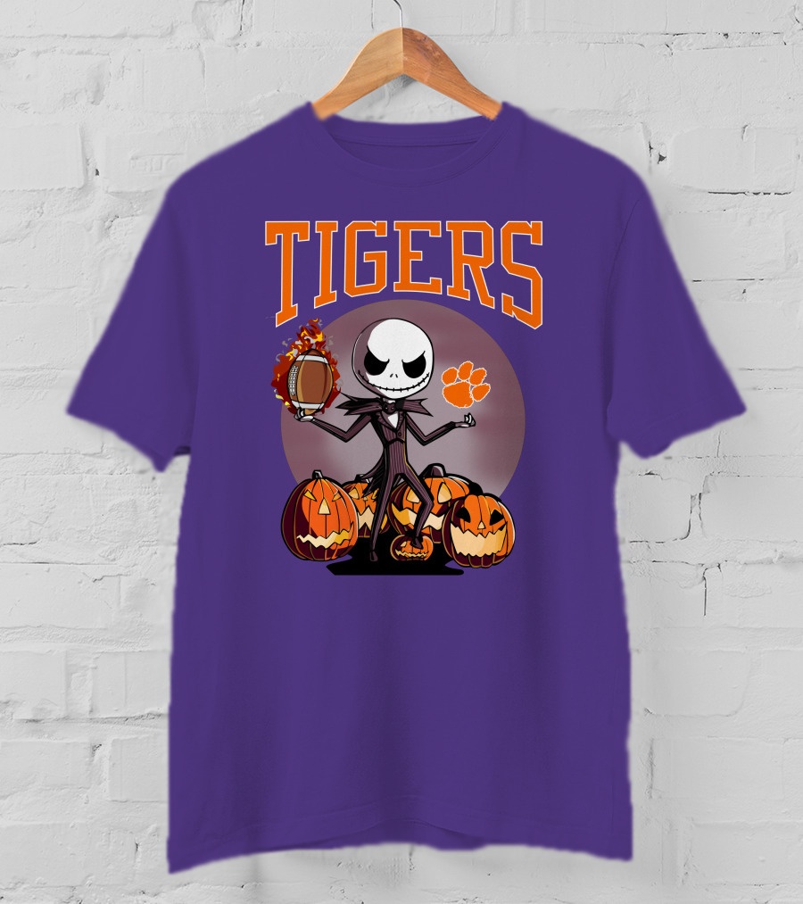 Tigers Jack Skellington Clemson Halloween Football And Pumpkins T-Shirt