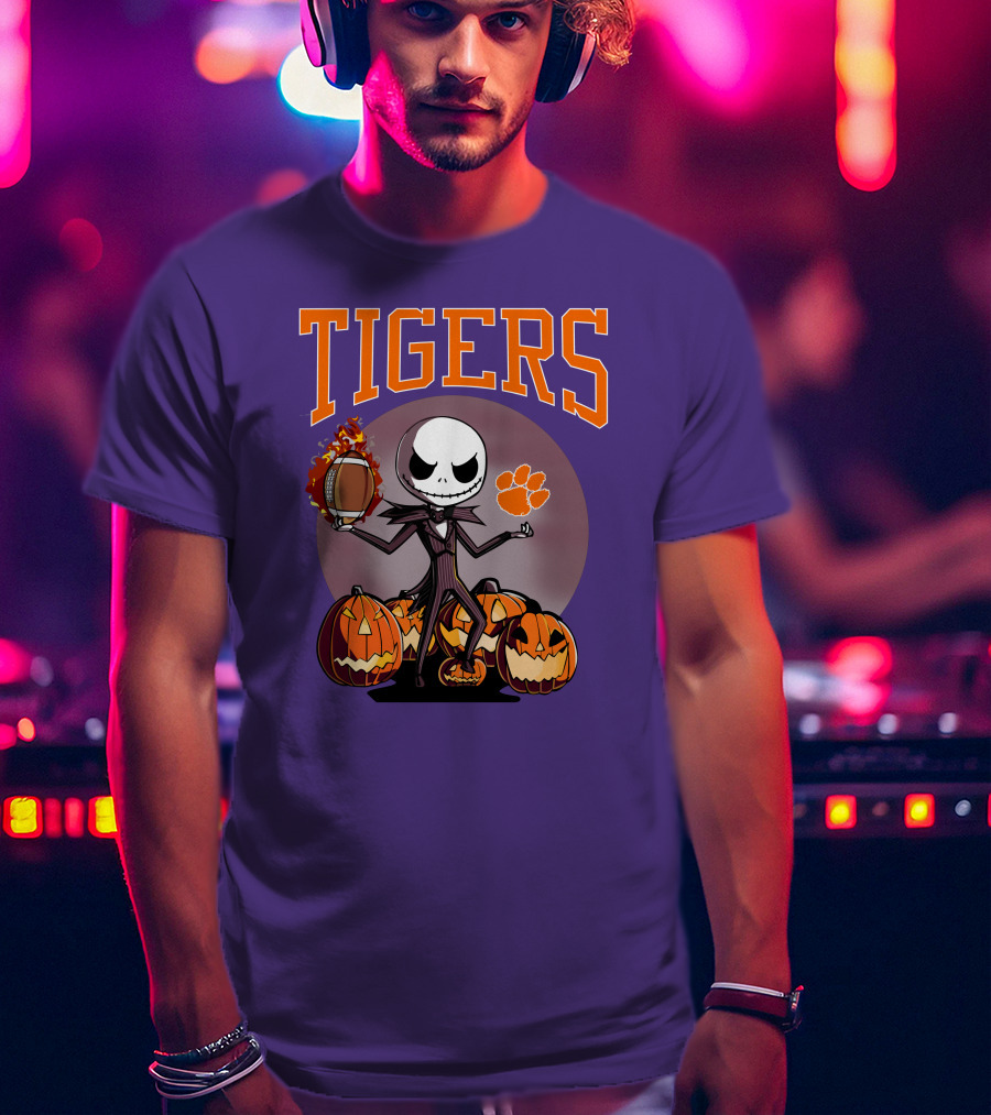 Tigers Jack Skellington Clemson Halloween Football And Pumpkins T-Shirt