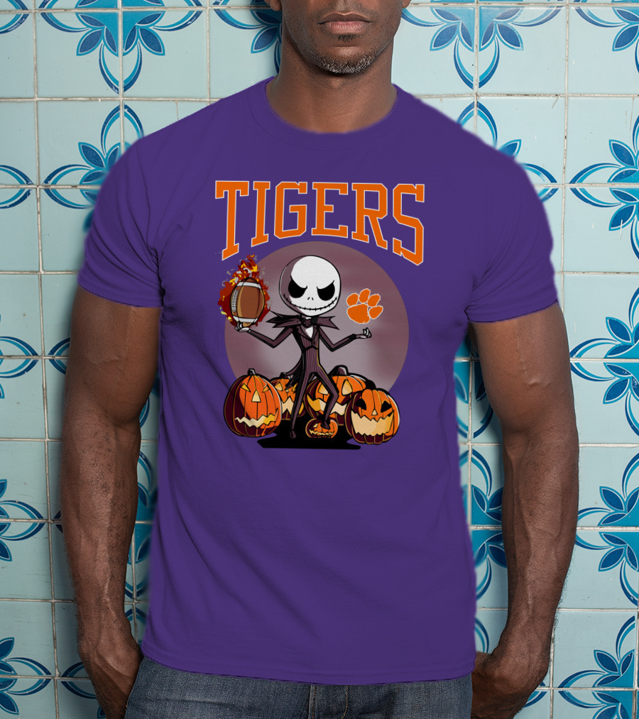 Tigers Jack Skellington Clemson Halloween Football And Pumpkins T-Shirt