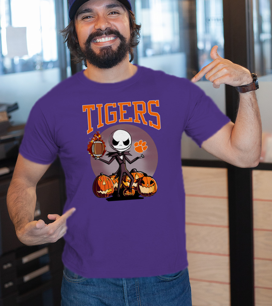 Tigers Jack Skellington Clemson Halloween Football And Pumpkins T-Shirt