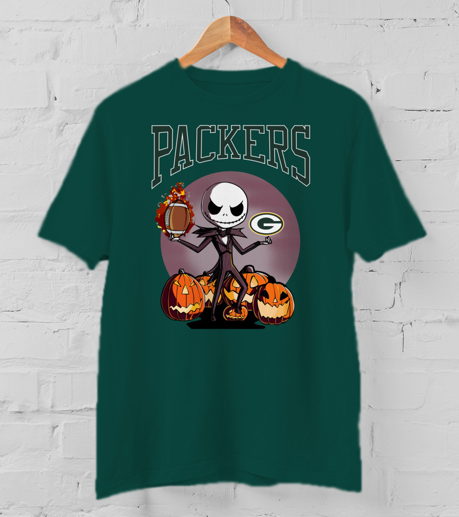 Packers Green Bay Jack Skellington Halloween Football Pumpkins T-Shirt