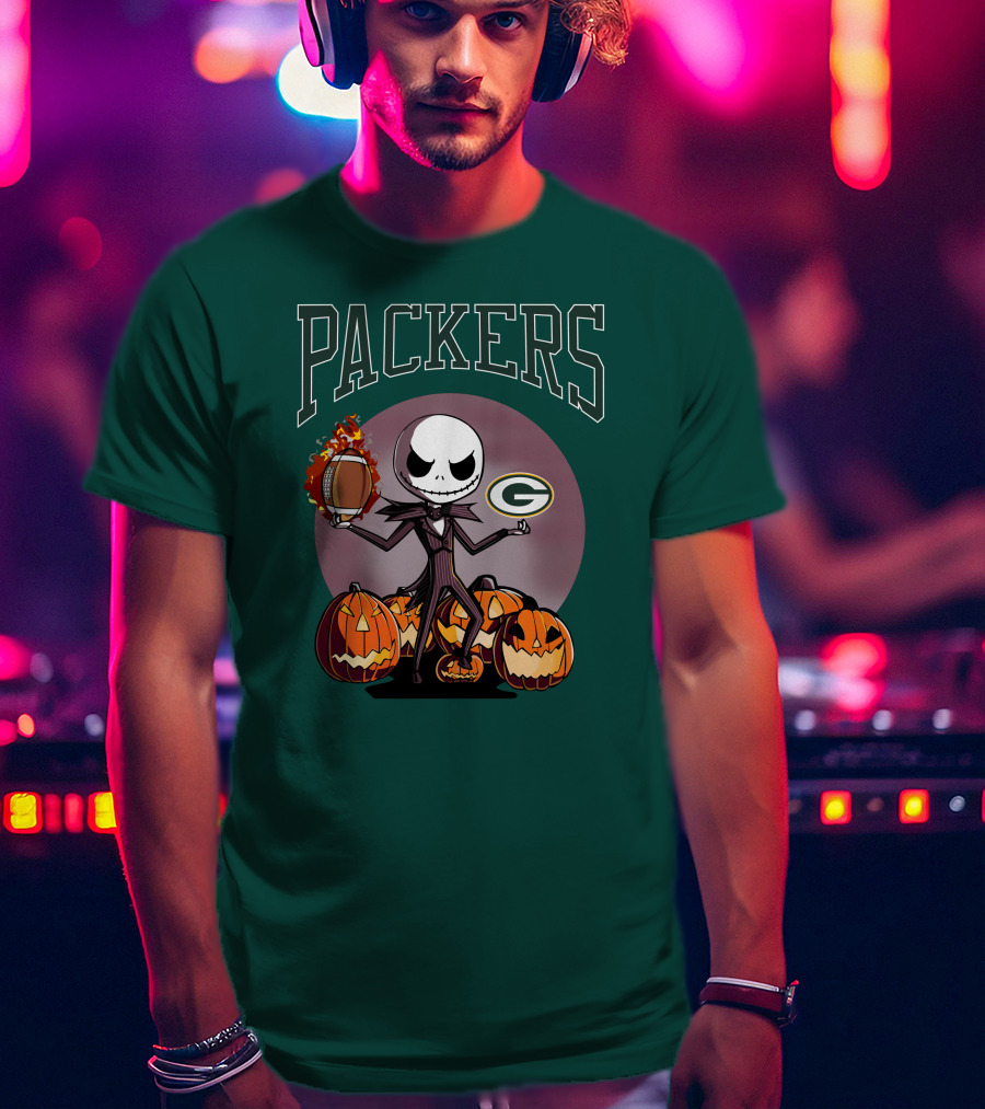 Packers Green Bay Jack Skellington Halloween Football Pumpkins T-Shirt