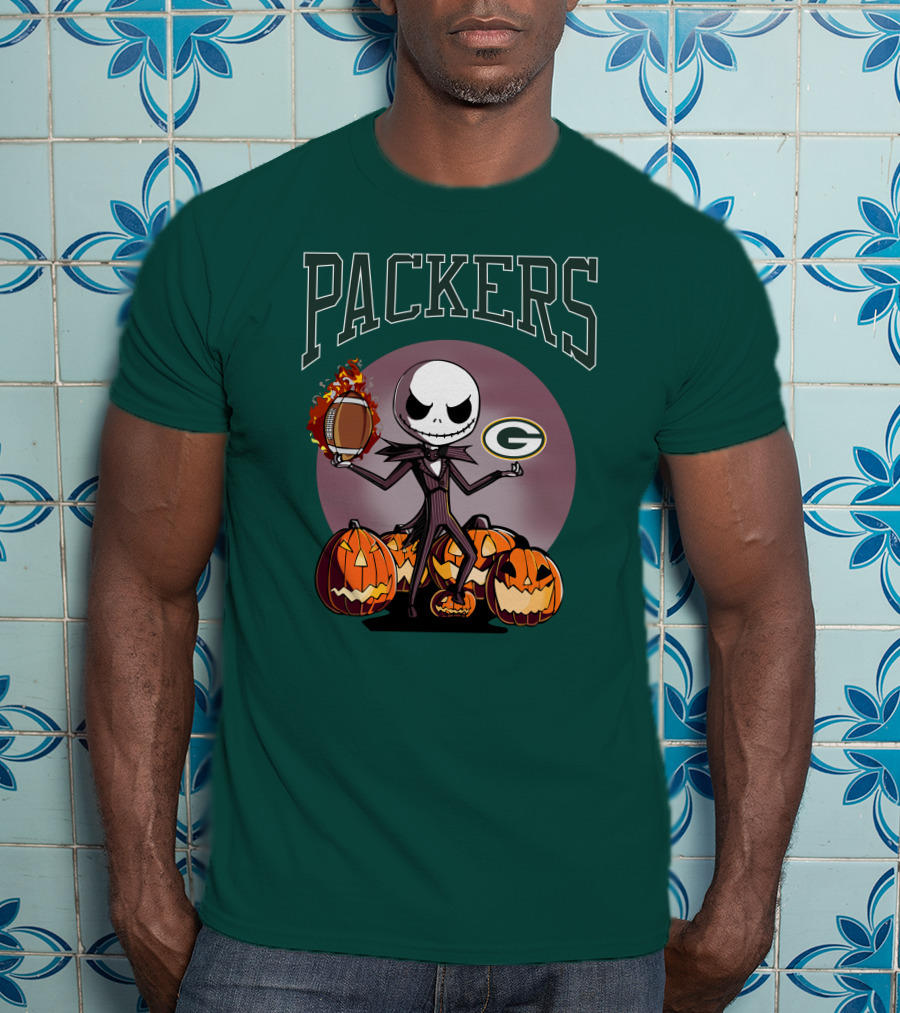 Packers Green Bay Jack Skellington Halloween Football Pumpkins T-Shirt