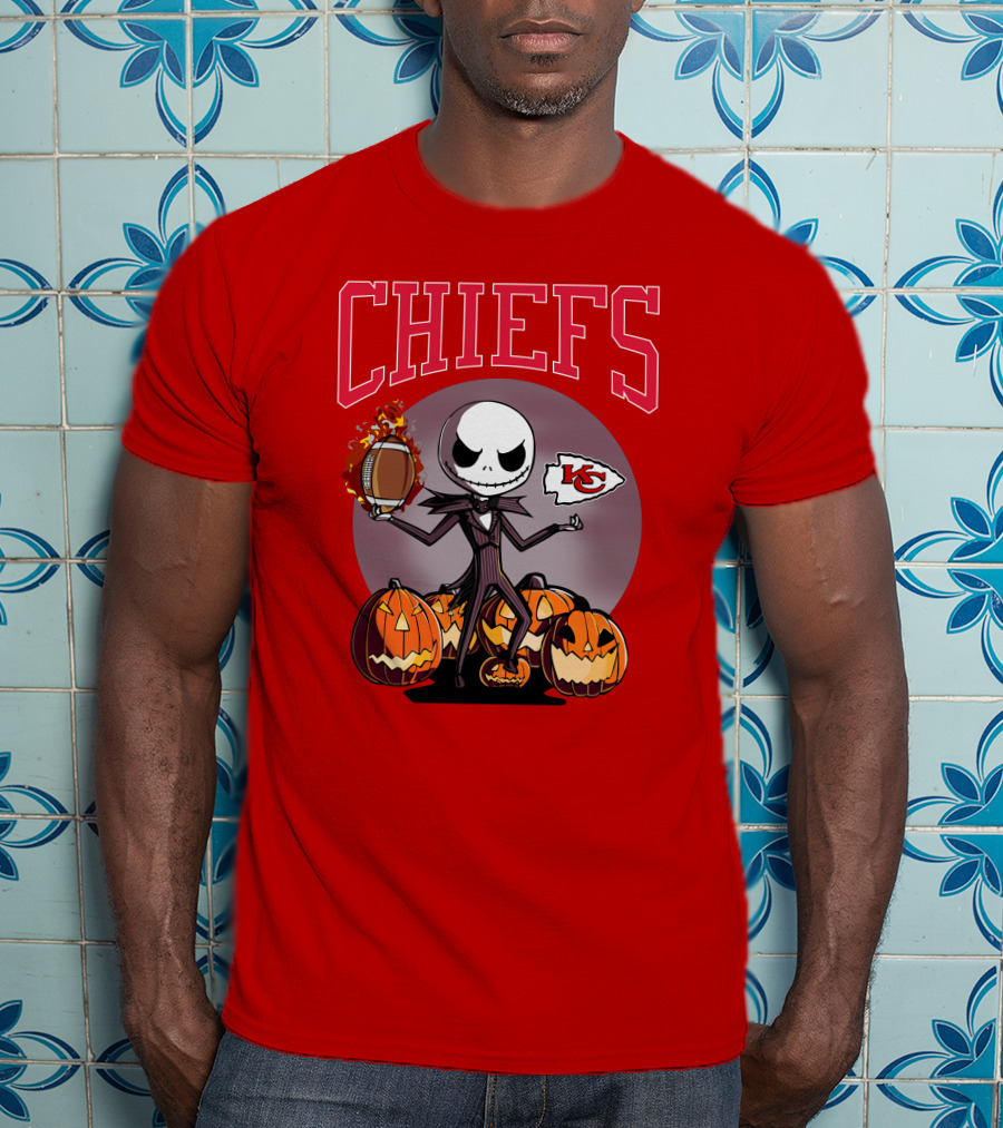 Kansas City Chiefs Jack Skellington Halloween Football Pumpkins T-Shirt