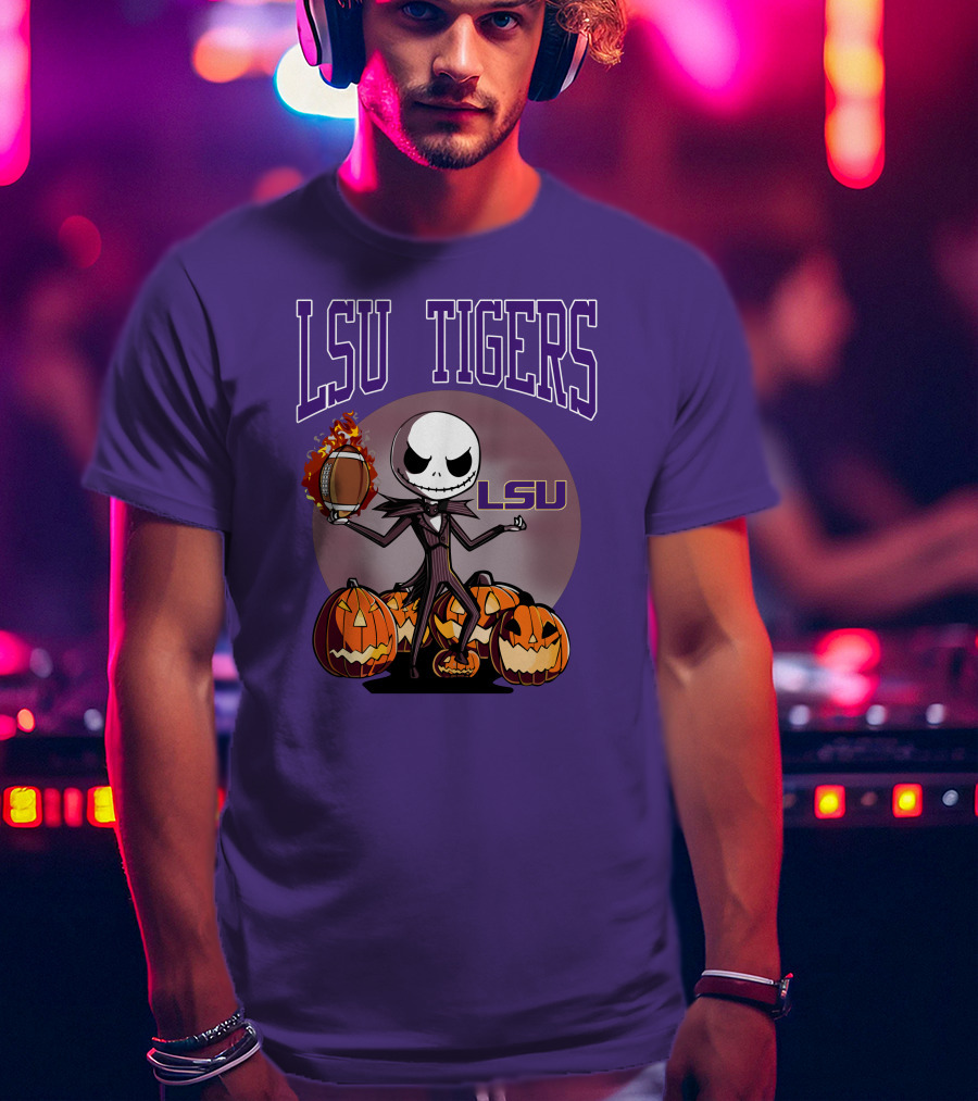 LSU Tigers Jack Skellington Halloween Football Pumpkins T-Shirt