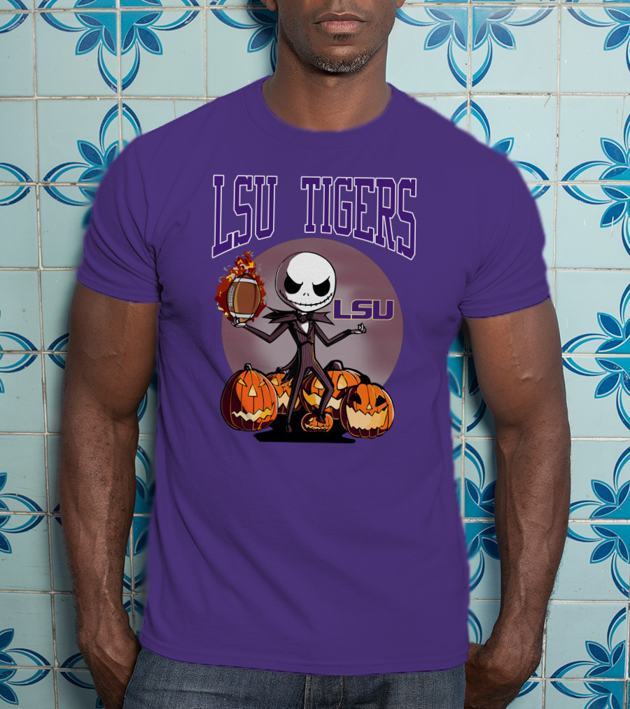 LSU Tigers Jack Skellington Halloween Football Pumpkins T-Shirt