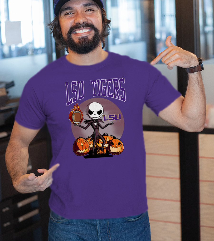 LSU Tigers Jack Skellington Halloween Football Pumpkins T-Shirt